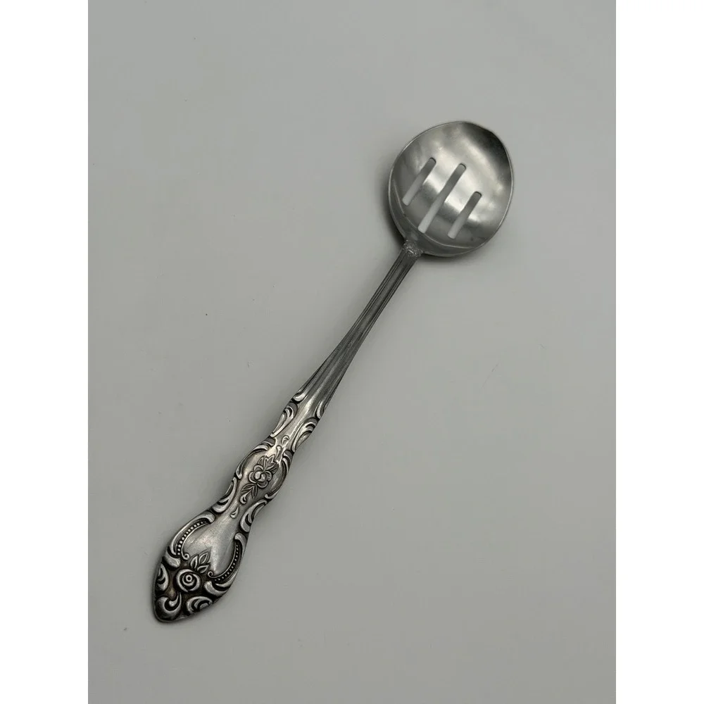 Stainless Steel Deluxe Slotted Serving Spoon Floral Rose Scroll Silverware